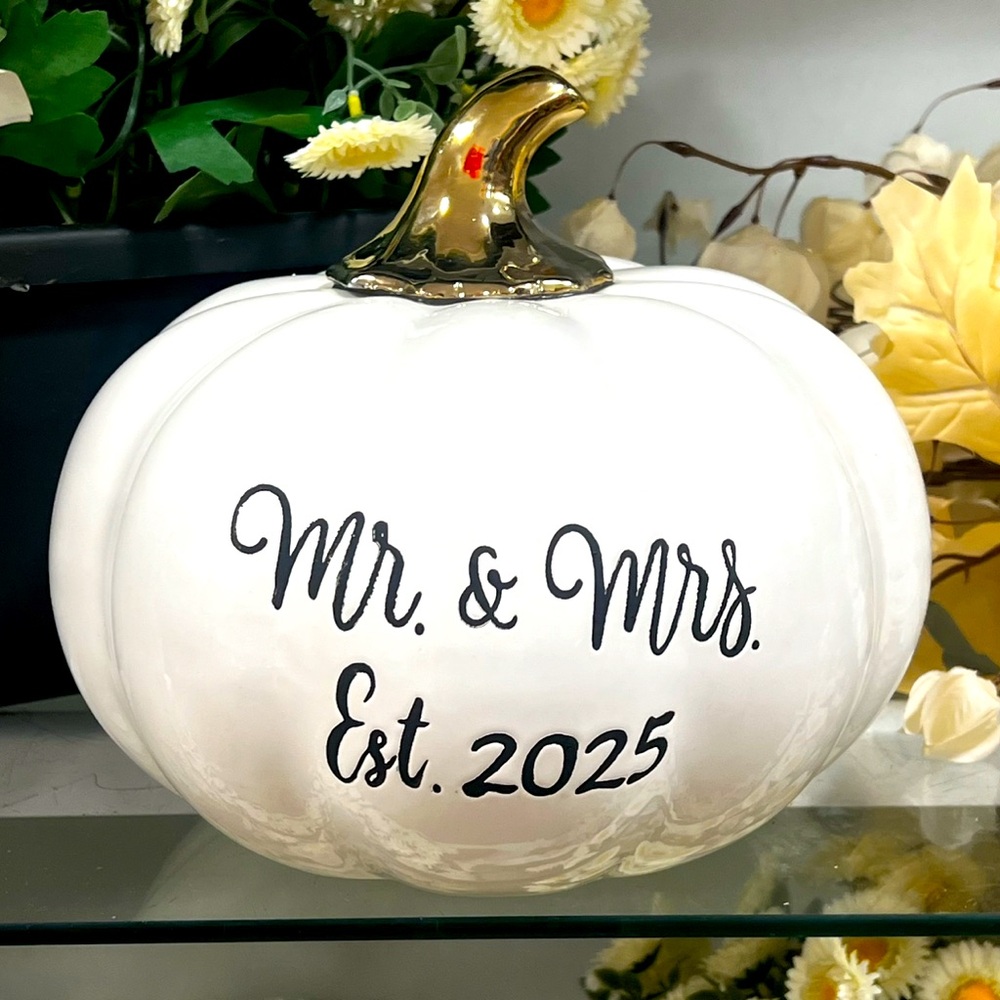 Martha Stewart 2025 Mr & Mrs Weeding Pumpkin Keepsake Decor With Gold Stem NWT